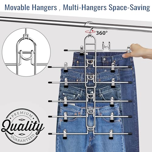 Pants & Skirt Hangers with Clips, Newly Upgraded Detachable - Space Saving Hangers, 6-Tiers Foldable Skirt Hangers for Women - Hanging Closet Organizer and Storage - 4 Pack, Patent Pending - color: Silver-6 Layers, size: 4pcs