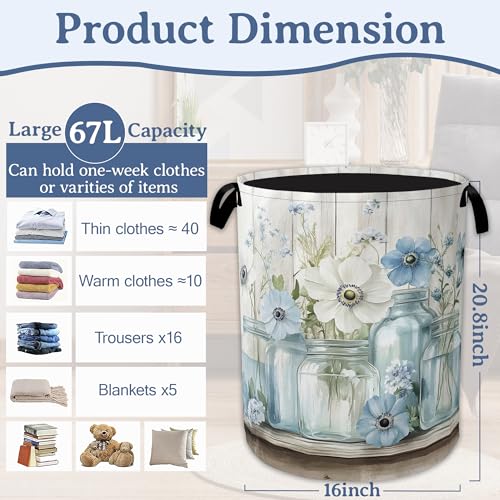 Flowers Laundry Basket,Foldable Oxford Cloth Vintage Wooden Board Laundry Hamper with Handles, 20.8"x16" Tote Bag Clothes Storage Bucket for Laundry Room/Bathroom/Bedroom/Dormitories - color: Flowers Vintage Wooden Board