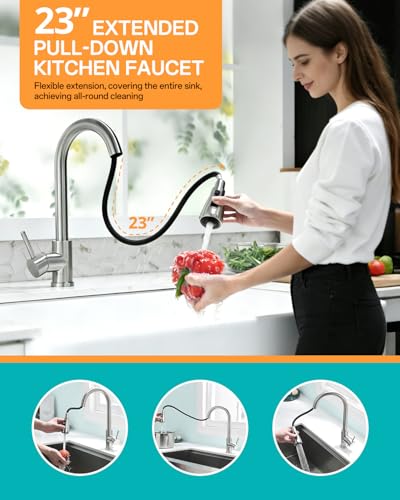 Kicimpro Pull-Down Kitchen Faucet, Brushed Nickel - color: Brushed Nickel, size: 15.2 Inches