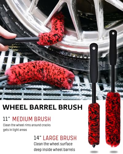 oesee Professional 4 Pack Long Handle Wheel Brush Kit for Cleaning Wheel and Tire- 2X Soft Wheel Cleaning Brush, Detailing Brush and Stiff Tire Brush, Bendable& Durable Wheel Rim Cleaner Brush Set - size: 7 Pack (Red & Black)