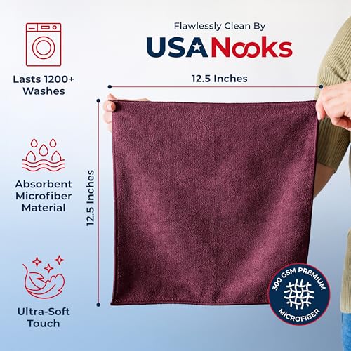 USANOOKS Premium 300GSM Microfiber Cleaning Cloth - 12.5"x12.5" High Performance - 1200 Washes, Ultra Absorbent Microfiber Towels for Cars Undercarriage, Rims & Engine Bay Cleaning - Microfiber Cloth - color: Burgundy, size: 12.5" x 12.5" (50 pack)