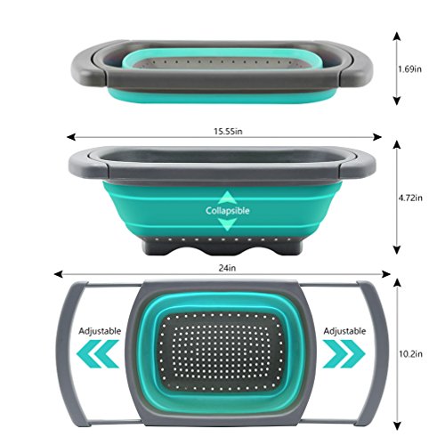 Qimh Colander collapsible, Colander Strainer Over The Sink Vegetable/Fruit Colanders Strainers With Extendable Handles, Folding Strainer for Kitchen,6 Quart - color: Malachite green