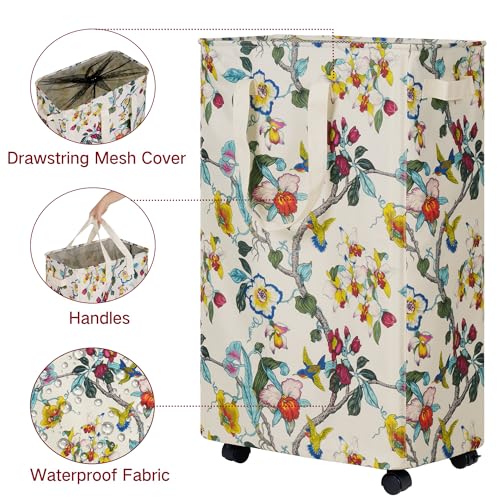 efluky Slim Laundry Hamper with Wheels, Rolling Laundry Basket for Clothes, Small Laundry Basket for Bedroom, Dorm and Laundry Room, 75L (19.8 Gallons) Floral - color: Floral, size: 75L