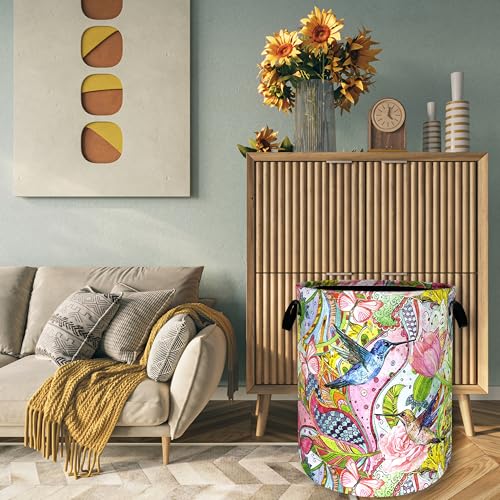 Floral Hummingbird Laundry Basket Oxford Cloth Hamper 18.9x16.5 Inch - color: Boho Pink Flowers With Hummingbird