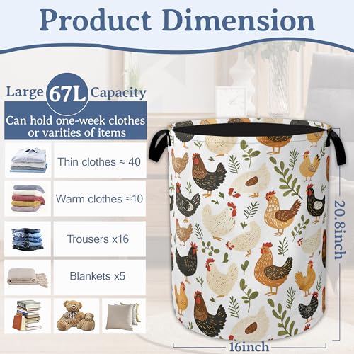 Rooster Hen Chick Laundry Basket,Foldable Waterproof Oxford Cloth Tote Bag Meadow Laundry Hamper with Handles,20.8"x16" Clothes Storage Bucket Organizer for Laundry Room, Bathroom, Bedroom - color: Rooster Hen Chick Meadow