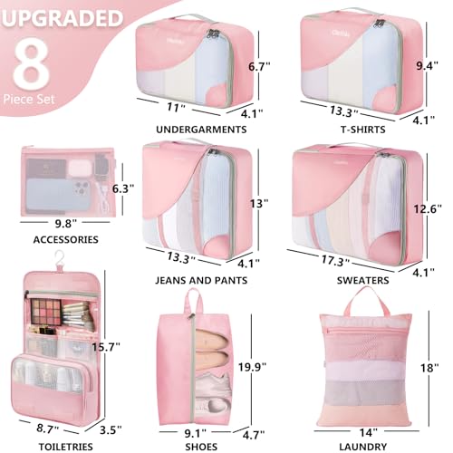 8 Set Packing Cubes for Travel, Gifts for Women Mom,Anti-Tearing Suitcase Organizer for Luggage with Shoe & Hanging Toiletry Bag,OlarHike Vacation Essentials & Accessories for Cruise Ship,Dream Pink - color: 05 Pink