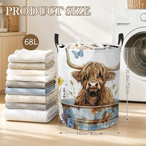 Highland Cow Laundry Hamper, Wildflowers Laundry Baskets, Waterproof Oxford Cloth for Room/Bathroom/Bedroom/Dormitories 16x20.8 Inch - color: Highland Cow