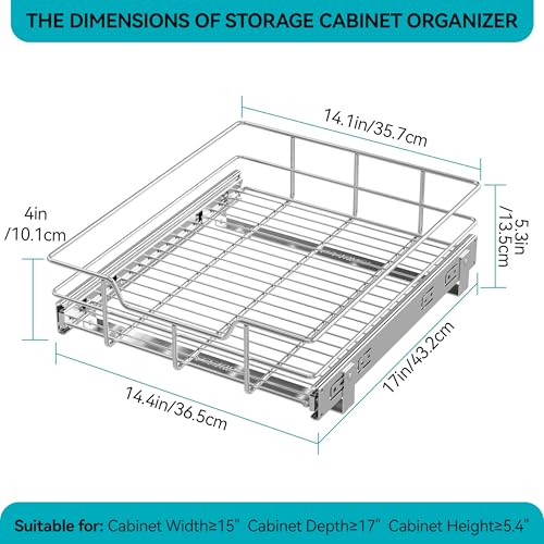 Pull Out Cabinet Organizer 15" W X 17" D, Chromed, Full Slide Out Drawers - color: 1 Tier - Chrome-Plated, size: 14" W X 17" D