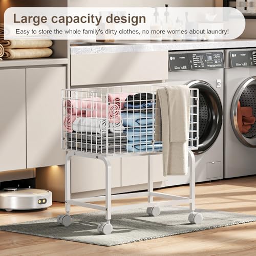 Laundry Basket with Wheels,80L Wire Rolling Laundry Basket with Pull Handle,White High Laundry Cart for Laundry Room,Bathroom,Bedroom-White(23.6 * 15.75 * 28inch) - color: White, size: 23.6*15.75*27.95inch