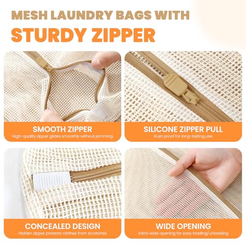 ABRRLO 4Pcs Large Cotton Mesh Laundry Bags for Delicates,Breathable Mesh Garment Bag for Washing Machine,Travel Wash Bags with Zipper for Bras,Underwear,Socks,Clothes,Laundry Dorm Room Essentials(L) - size: Large