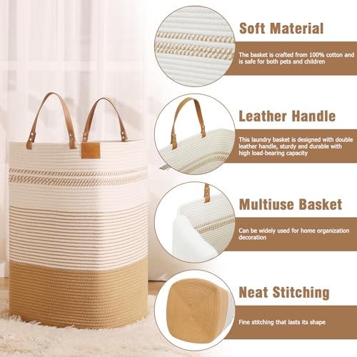 danpinera Large Laundry Hamper – 75L Tall Woven Cotton Storage Basket with Leather Handles, Slim Dirty Clothes Hamper, Decorative Storage Basket for Blanket,Toys White & Jute - color: White & Jute, size: 75L Square