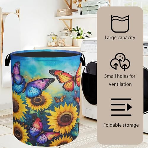 Butterfly Sunflower Laundry Basket, Heavy Duty 60L Dirty Clothes Hamper, Water Resistant Foldable Hamper for Girls Women - color: Butterfly Sunflower