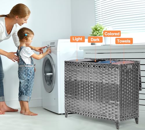 Laundry Hamper with 4 Removable Liner Bags, 176L Laundry Sorter with Lid - color: Gray, size: 176L-4 Section
