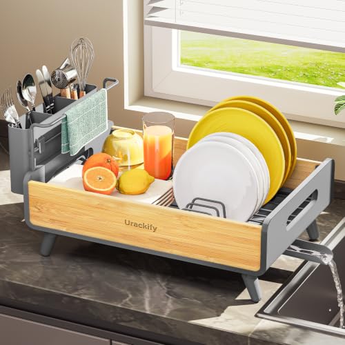 Urackify Modern Dish Rack for Kitchen Counter,Stainless Steel & Bamboo,Grey - color: Gray, size: 1 Tier