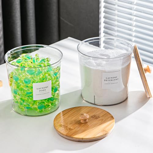 Laundry Room Organization Container, 2pcs Round Acrylic Laundry Pod Storage Containers, Dryer Sheet Holder Jars with Bamboo Lids and Labels for Scent Booster Powder Detergent Pods Storage - color: C-Round Laundry Pod Conatiner