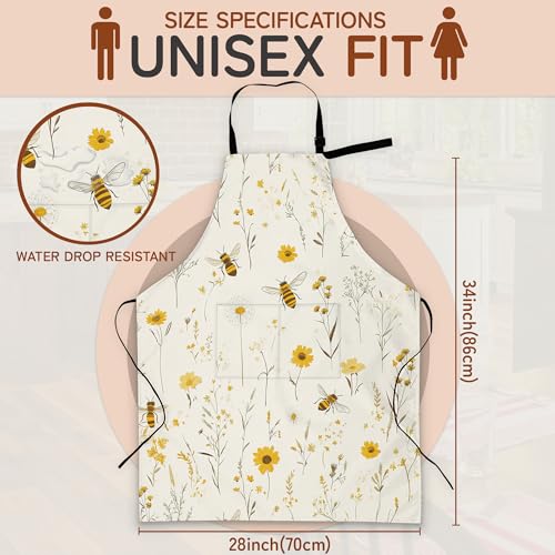 Cooking Aprons for Men and Women,Adjustable Bib Chef Apron with 2 Pockets, Soft and Durability Kitchen Apron - color: Bees Boho Daisy Floral