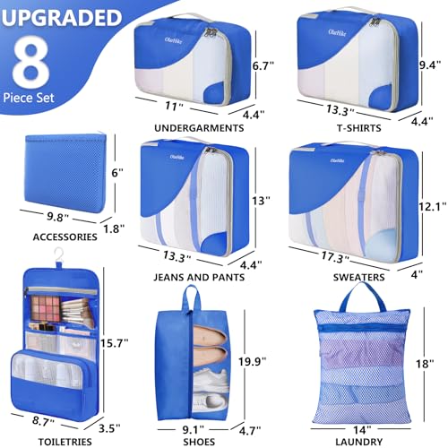 OlarHike Packing Cubes for Travel,Gifts for Women Mom,Anti-Tearing Suitcase Organizer for Luggage with Shoe & Hanging Toiletry Bag,Vacation Essentials & Accessories for Cruise Ship,8 Set,Blue - color: 12 Blue