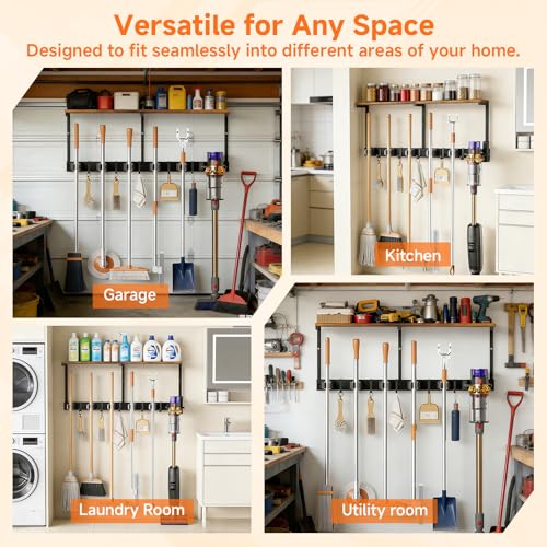 3 in 1Broom Holder Wall Mount,Laundry Room Organization and Storage Shelves with 5 Mop Hanger Rack Gripper Hooks,Utility Shelf Closet Organizer for Garage, Garden,Kitchen,Closet