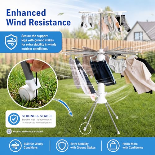 Clothes Drying Rack Foldable with Rolling Wheels, Portable Laundry Drying Rack with 16 Aluminum Arms, Stable 4-Leg Base, 360° Rotating Design for Indoor Outdoor (Double-tier without shoe rack) - size: 2-Tier