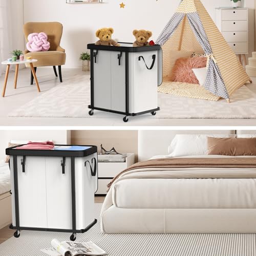 Laundry Basket with Wheels,190L (50 Gal) Laundry Hamper 2 Setion - Beige - color: Beige, size: 2 Section-190L