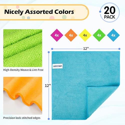 FIXSMITH Microfiber Cleaning Cloth, 20 Pack Cleaning Rags, Cleaning Towels for Housekeeping, Kitchen, Car, Lint-Free, Reusable Shop Towels with 5 Colors (Green/Blue/Yellow/Orange/Pink), 12"X12" - color: 5 Colors Assorted, size: 20pk