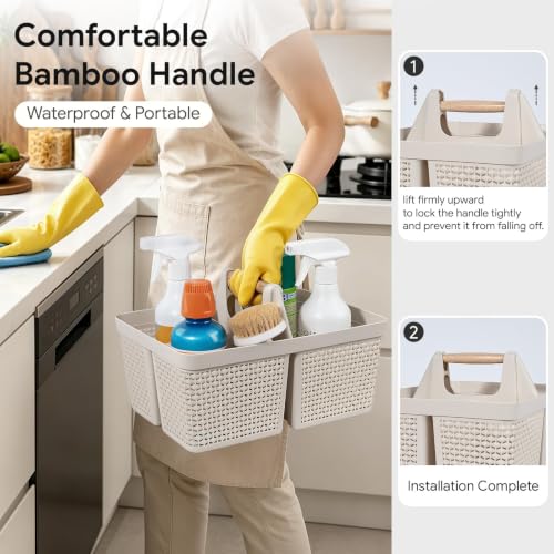 UUJOLY Portable Plastic Shower Caddy Basket with Wooden Handle, Beige - color: Beige