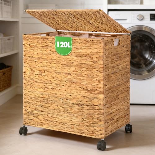 Livole Wicker Laundry Hamper with Lid & Wheel, Rattan Laundry Basket, 120L - color: Natural, size: 120L