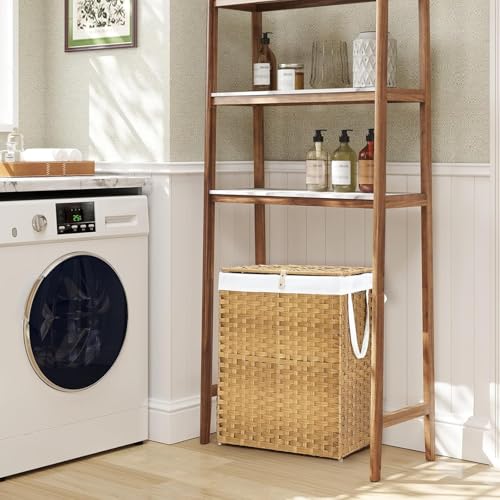 Laundry Hamper with Lid, 90 L Rattan Clothes Laundry Basket with Lid and Handles, Foldable Clothes Hamper, Removable Liner, Goose Yellow - color: Goose Yellow, size: 90 L