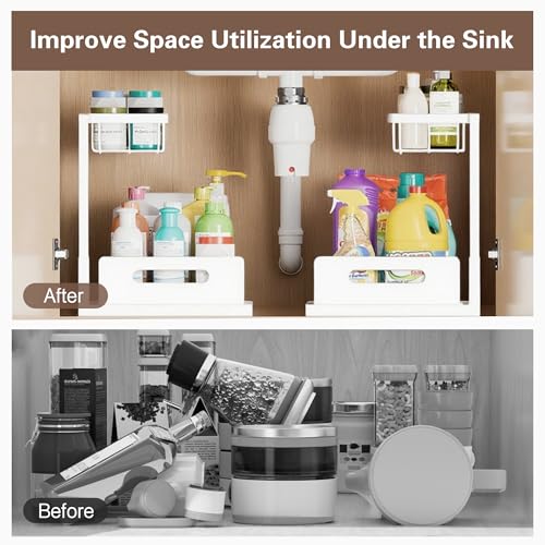 VUSIGN 2 Tier Under Sink Organizer, Slide Out Pull Out Cabinet Organizer, Cabinet Kitchen Bathroom Storage Organization Shelf, 2Pack, White