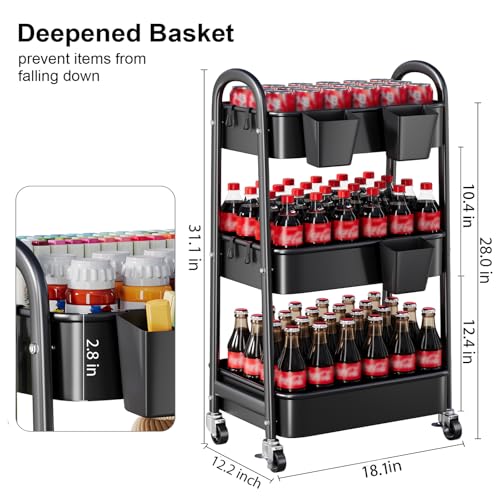 Heavy Duty 3 Tier Rolling Cart Metal with Wheels,Three Tiered Rolling Carts - color: Mystic Black