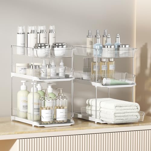 Delamu 2 Sets of 3-Tier Bathroom Under Sink Organizers and Storage, Multi-Purpose Stackable Pantry Organization and Storage, Pull Out Clear Kitchen Bathroom Cabinet Organizer with Movable Dividers - color: White, size: 2 Pack 3-Tier