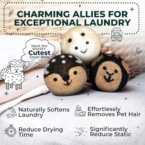 Chemical Free & Baby Safe! Reusable Wool Dryer Balls XL 6-Pack - Reduces Static, Cuts Dry Time, & Softens Naturally - color: Baby Cow & Friends