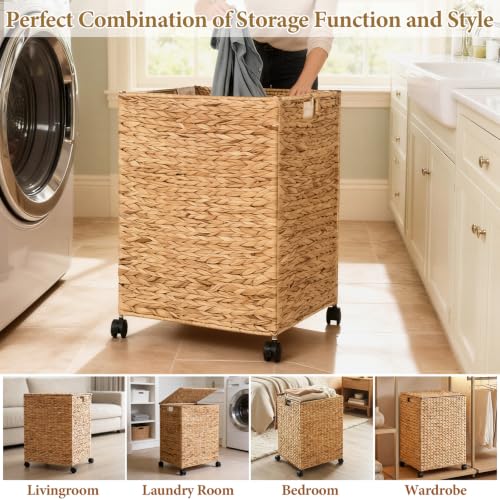 Livole Wicker Laundry Hamper with Lid & Wheel, Rattan Laundry Basket, 90L - color: Natural, size: 90L
