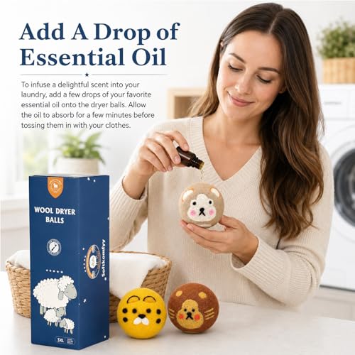 Wool Dryer Balls Handmade 3 Pack XL, Laundry Dryer Balls,100% New Zealand Wool Natural Fabric Softener,Reusable 1000 Loads,Wrinkles Free, Shorten Drying Time,Baby Safe (3 Pack XL,Zoo Friends) - color: Zoo Friends