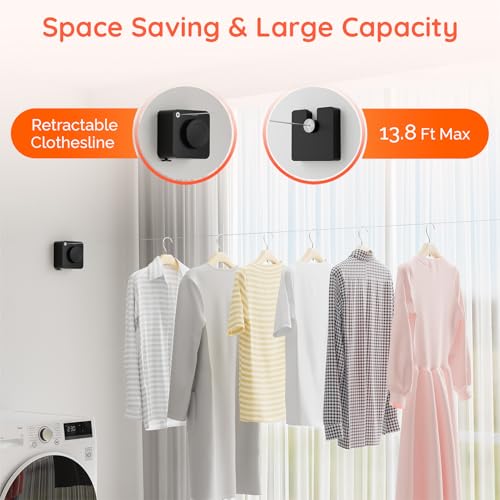 Retractable Clothesline Indoor, Non-Sagging Outdoors Clothesline Retracting, Heavy Duty Retractable Clothes Drying Laundry Line, Wall Mounted Stainless Steel Line - 13.8 Ft (Black) - color: Black