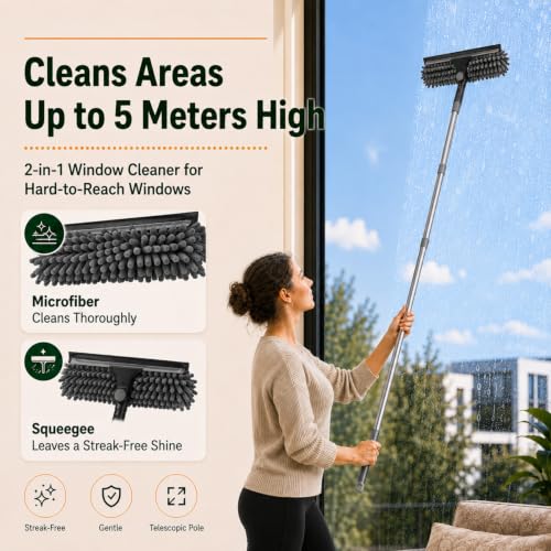 3-in-1 Feather dusters for Cleaning, Cobweb Duster with Extension Pole up to 13.8 ft, Reusable Long Duster with Window Squeegee for Cleaning high Ceilings, Spider Web, Fan - color: Gray