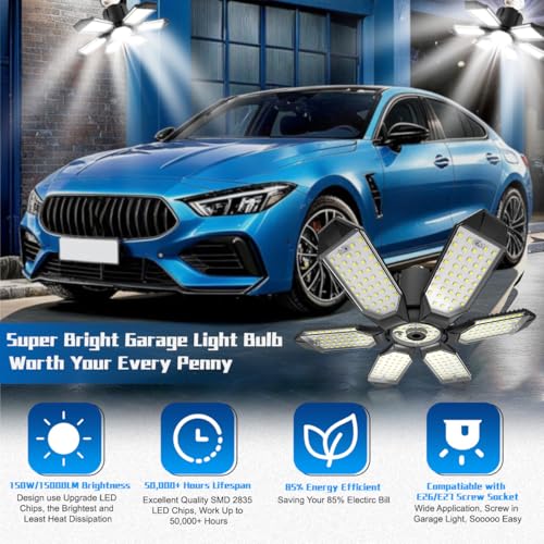 Garage Light - Super Brighter 15000LM Garage Light Bulb 150 Watt Equivalent Screw into E26 Socket w/ 6 Deformable Panels 6500K Led Shop Lights for Base Basement Workshop Warehouse Attic - size: 150W - 1Pack