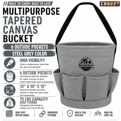 Graintex Tapered Canvas Bucket 12"x10"x15", Utility Tool Bucket 6 Pockets Outside, Reinforced Base & Carry Handle, Ripstop Canvas, Multi-Purpose Bag for Jobsite & Home Use (Steel Grey) - color: Steel Grey