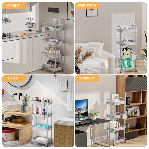 4 Tier Rolling Utility Cart with Handle,REBECAT Utility Cart Made of Multifunctional Storage Organizer Tool for Kitchen,Bathroom,Living Room,Office(Gray) - color: Gery