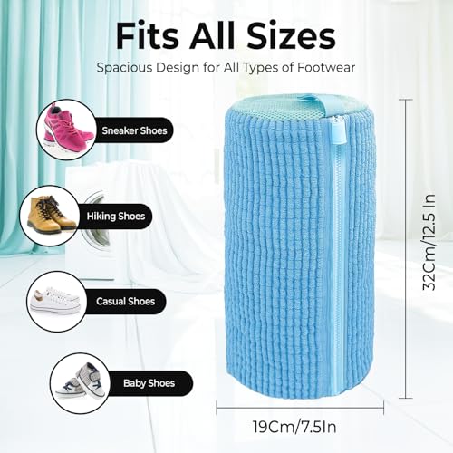 2PCS Shoe Washing Machine Bag with Pair of Shoe Tree and 4 Deodorizer Balls, Durable Zipper Reusable Shoe Washing Bag with 20000+ Fluffy Fiber Lining For 360° Cleaning for Sneakers (Blue) - color: Blue