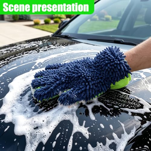 2PCS Microfiber Car Wash Mitts, Double-Sided 5-Finger Dusting Gloves, Anti-Scratch Chenille Drying Towel, Vehicle Interior & Exterior Detailing Tool for Cleaning Wheel Tight Spot (Blue) - color: Blue