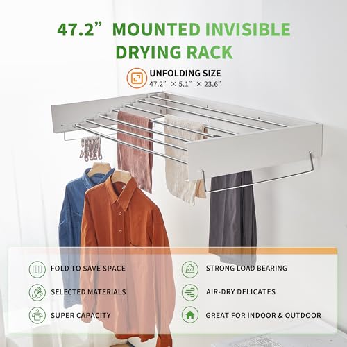 Heshecein Wall Mounted Drying Rack,Collapsible Drying Racks for Laundry,7 Stainless Steel Rods,Folding Indoor/Outdoor Drying Rack Clothing,Collapsible Laundry Drying Rack,47” Wide