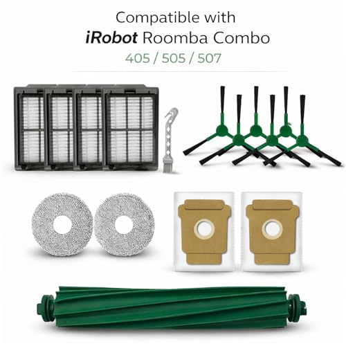 16 PCS Replacement Parts Kit Compatible with iRobot Roomba Plus 405 Combo, 505 Combo, 507 Combo, 1 Main Brush, 2 Vacuum Bags, 2 Mop Pads, 4 Filters, 6 Side Brushes, 1 Cleaning Brush - size: 16PCS SETS