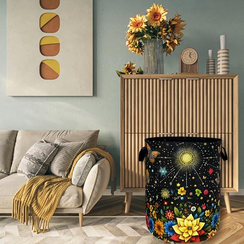 Colorful Flowers Butterfly Laundry Basket Oxford Cloth Hamper 18.9x16.5 In - color: Bright Flowers Butterfly With Moon