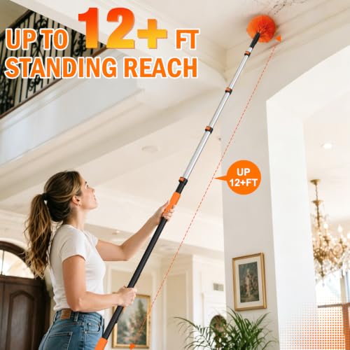 LAANPOLE 20FT High Reach Duster Cleaning Kit with Extension Pole, High Ceiling Fan Cleaner Duster Tool for Fan Blades, Window Washing Kit with Microfiber Feather Duster & Window Squeegee - size: 12FT