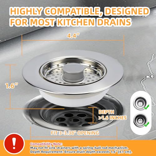 Sink Drain Strainer - Kitchen Sink Stopper, 3 In 1 Kitchen Sink Drain Strainer with Anti-Clogging Basket, Fit US Standard 3-1/2'' Sink Hole - color: Sliver White
