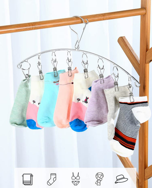 Windproof Laundry Hanger with 10 Clips Stainless Steel Clothes Drying Rack Outdoor Underwear Socks Herb Dryer Pack 2 - color: 10 Clips Metal Drying Rack 2pcs