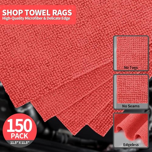 Microfiber Cleaning Cloth, 150 Pack Cleaning Rags Microfiber Towel Bulk Absorbent Lint-Free WashCloths, All-Purpose Towels for Cars, Shop, Automotive, Garage, Home Kitchen 11.5"*11.5", Red - color: Red, style: 150 Pack