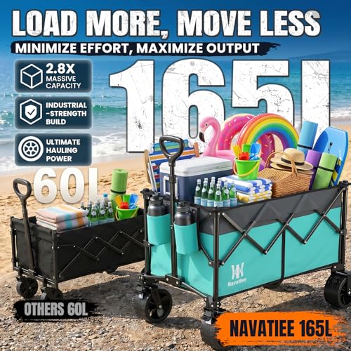 Navatiee 330Lbs Collapsible Folding Wagon, Beach Wagon Cart Heavy Duty Foldable with Big Wheels, Utility Grocery Wagon with 165L Large Capacity for Camping Garden Sports, Light Blue - color: Light Blue, size: 165L