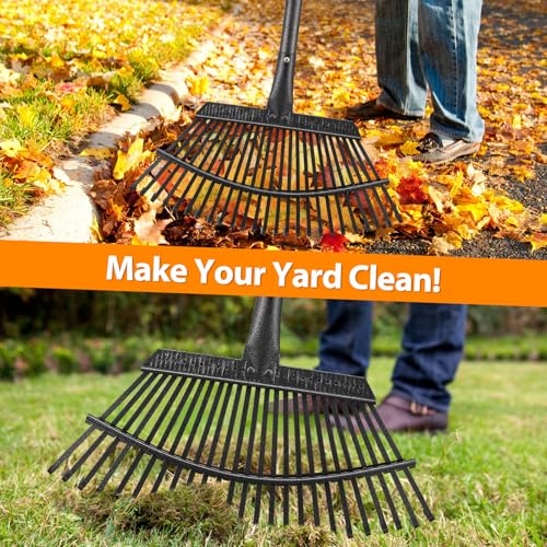 Rake, Garden Rake for Leaves, Heavy Duty Metal Leaf Rakes with 37-65 inch Adjustable Steel Handle, 25 Tines 18" Wide Rake Garden Tools for Lawns Yard Flower Bed Grass Mulch Shrub Camping Gardening - style: 25 Tines - 65 Inch